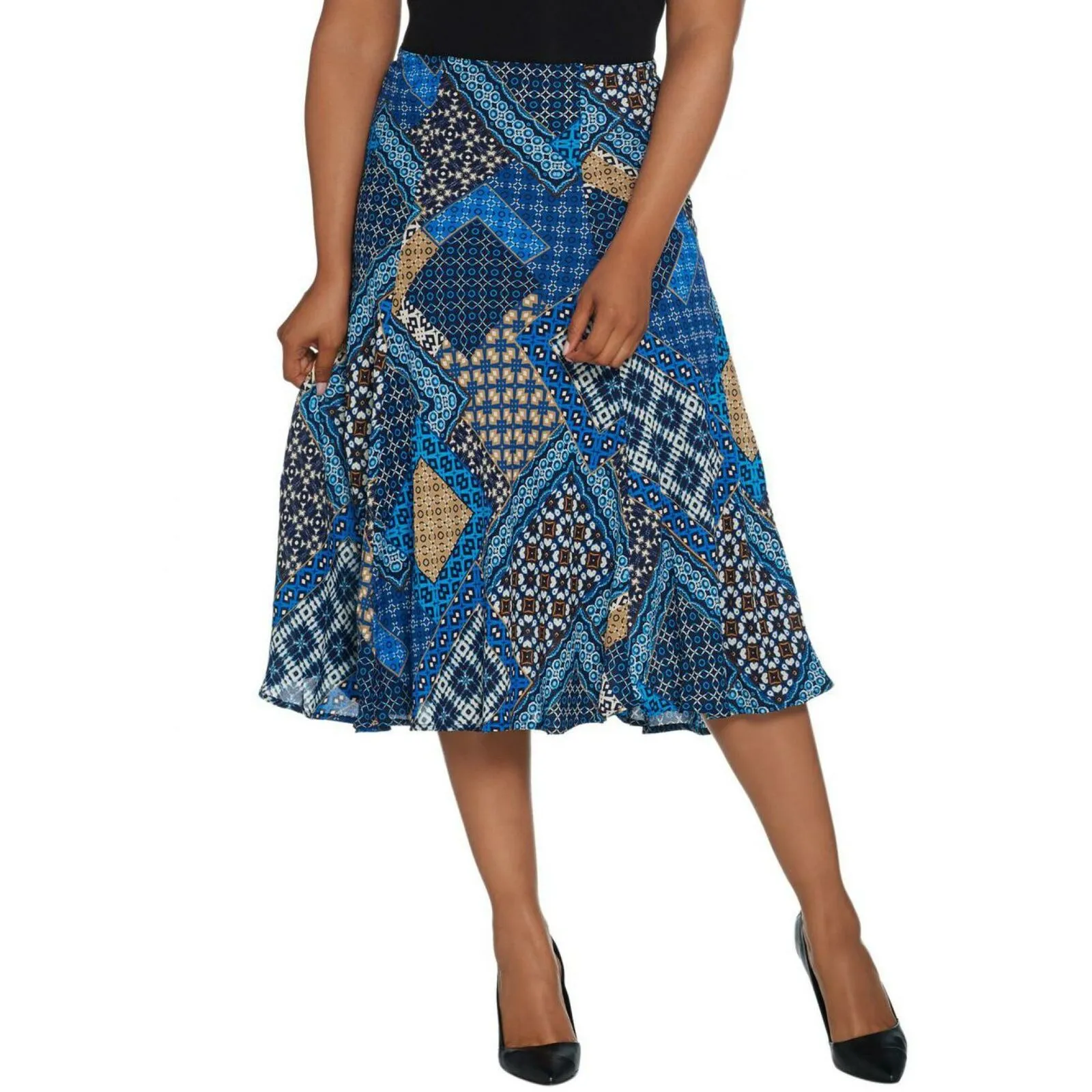 Bob Mackie Women's Patchwork Print Pull-On Woven Midi Skirt
