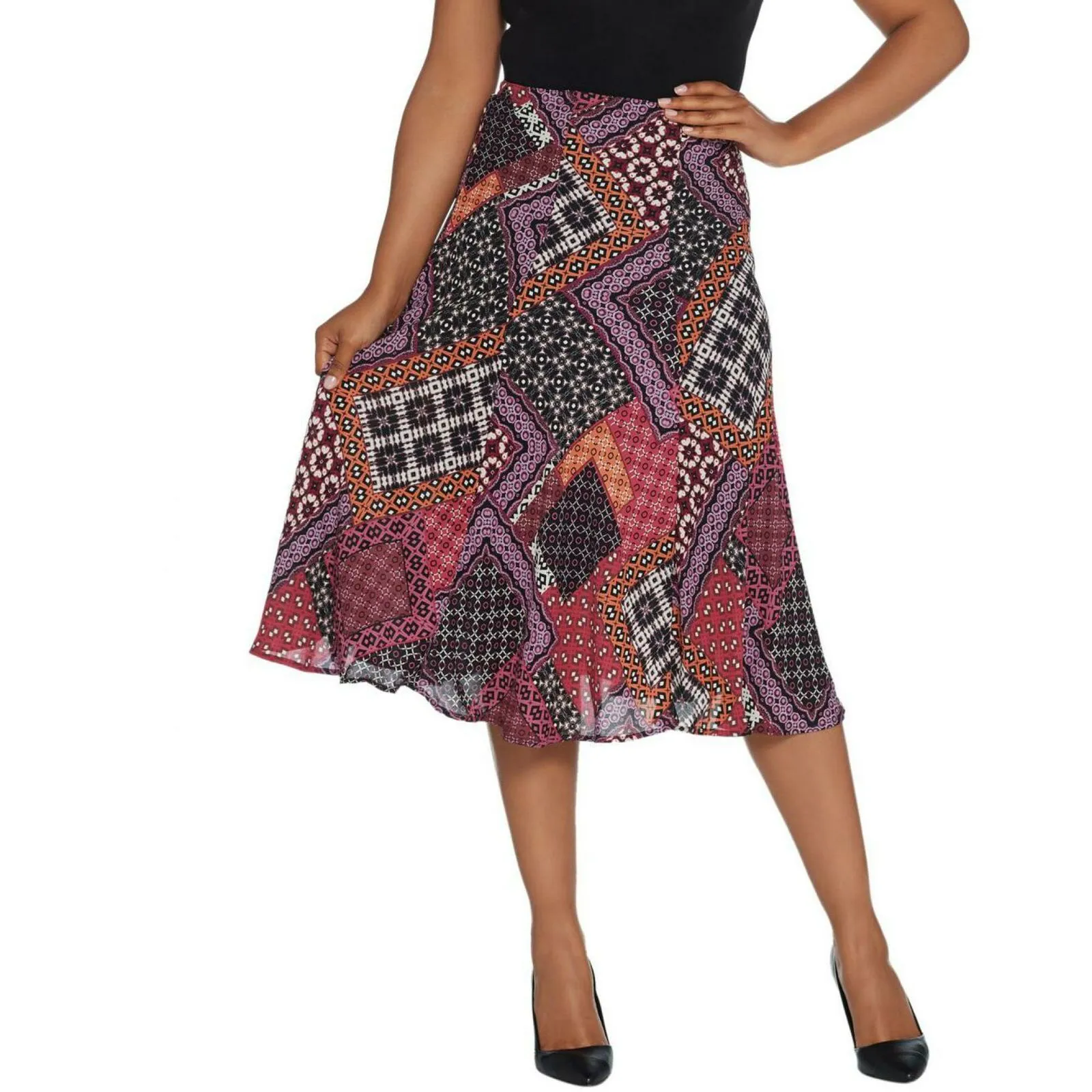 Bob Mackie Women's Patchwork Print Pull-On Woven Midi Skirt