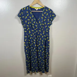 Boden Lola Lemon Dress Size 8 Long Tall Blue Faux Wrap Midi Work Preppy Twee