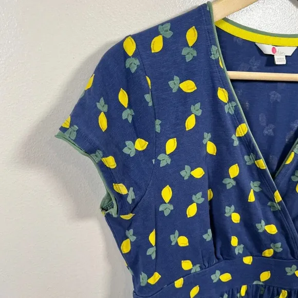 Boden Lola Lemon Dress Size 8 Long Tall Blue Faux Wrap Midi Work Preppy Twee