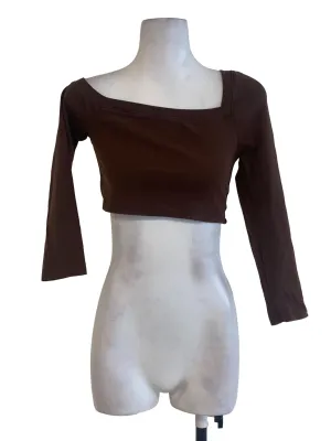 Brown Plain Asymmetrical Neck Crop Top