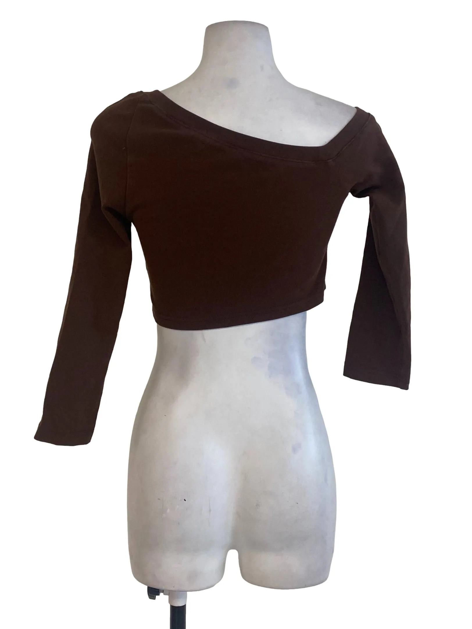 Brown Plain Asymmetrical Neck Crop Top