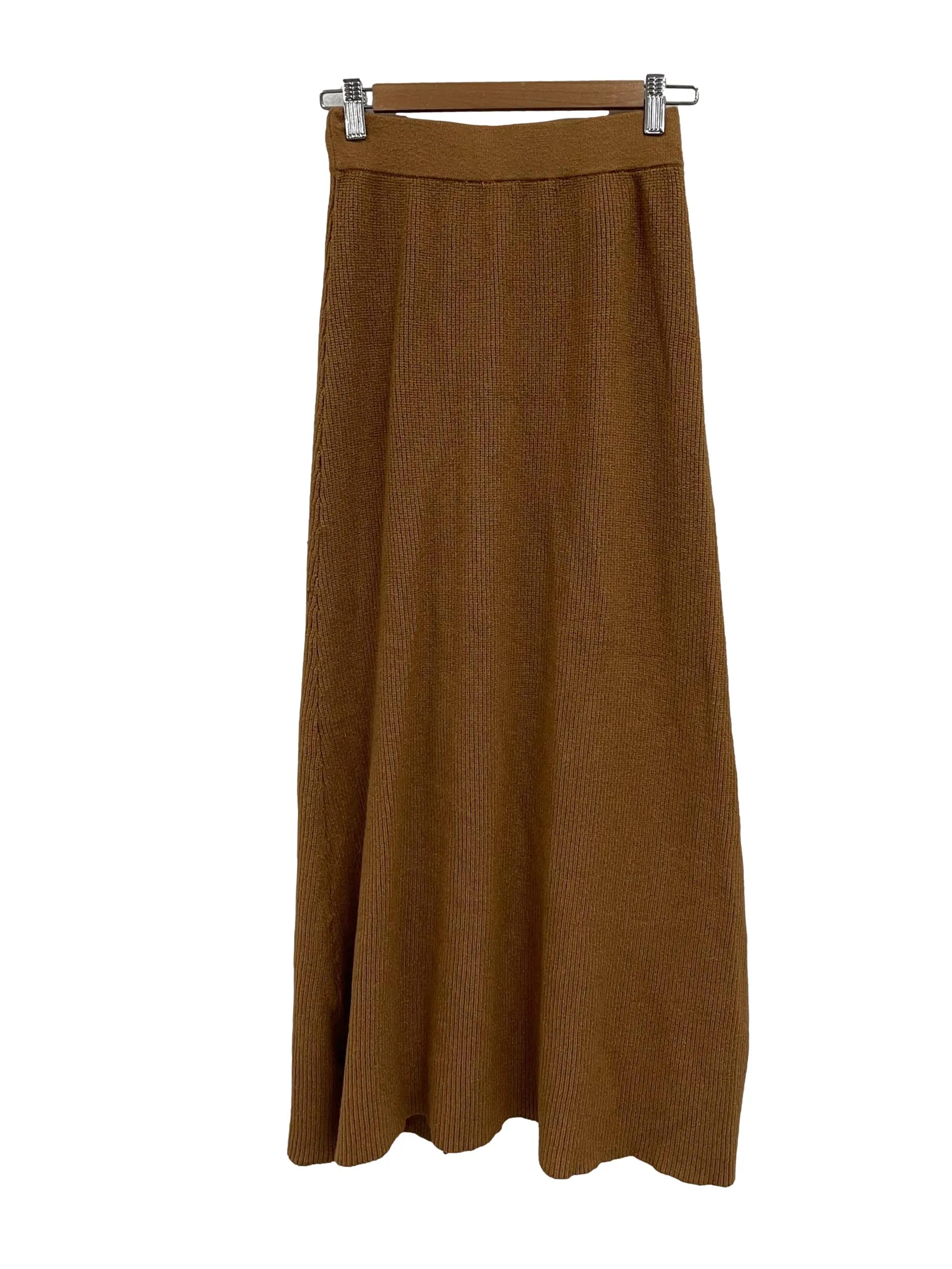 Brown Rib Knit Midi Skirt