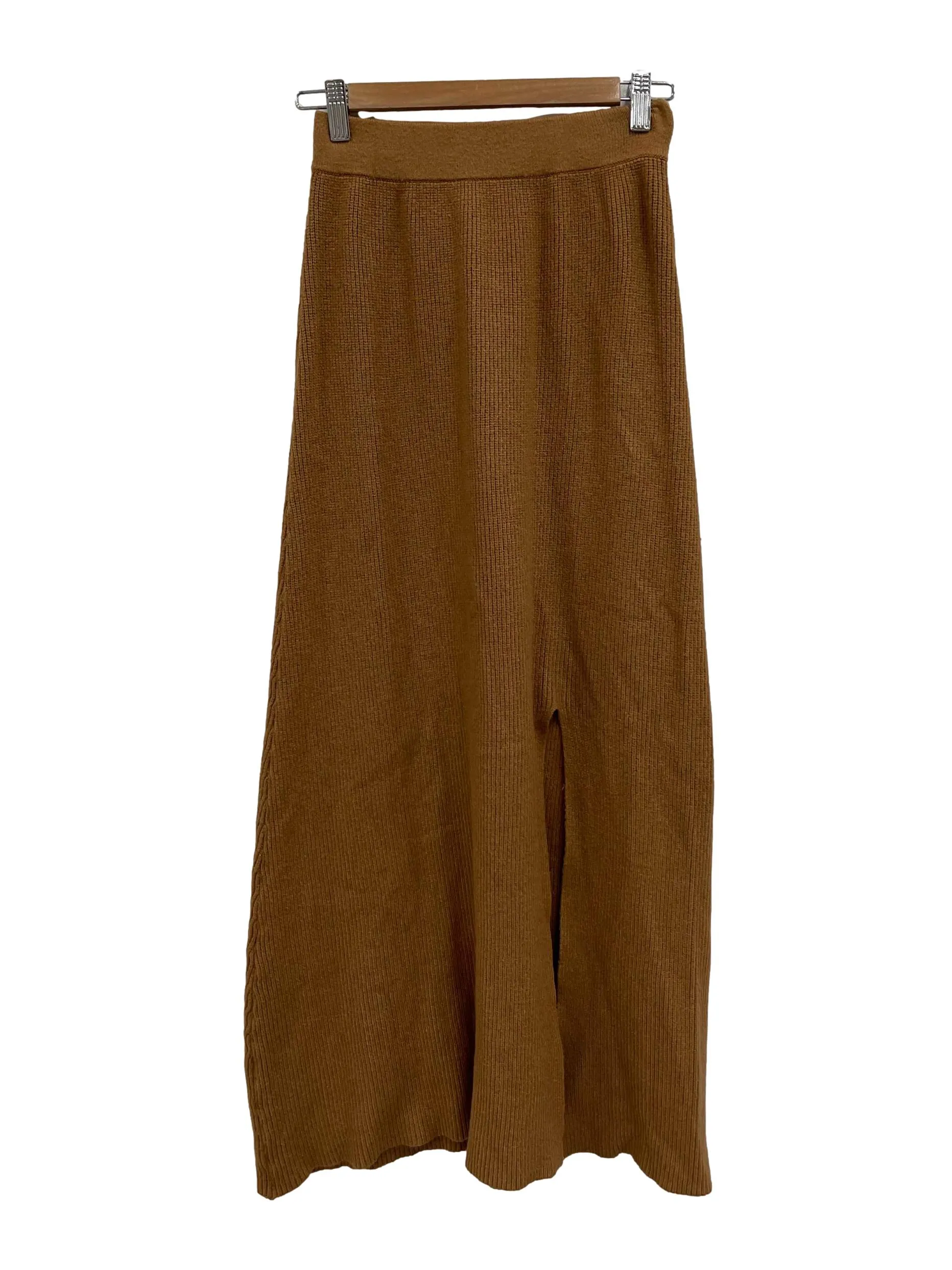 Brown Rib Knit Midi Skirt