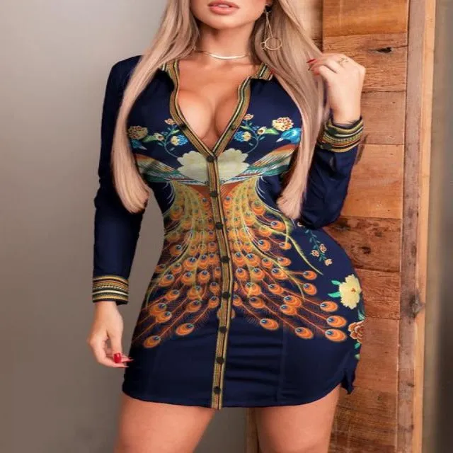 Buss Down V-neck Long Sleeve Side Slit Shirt Dress