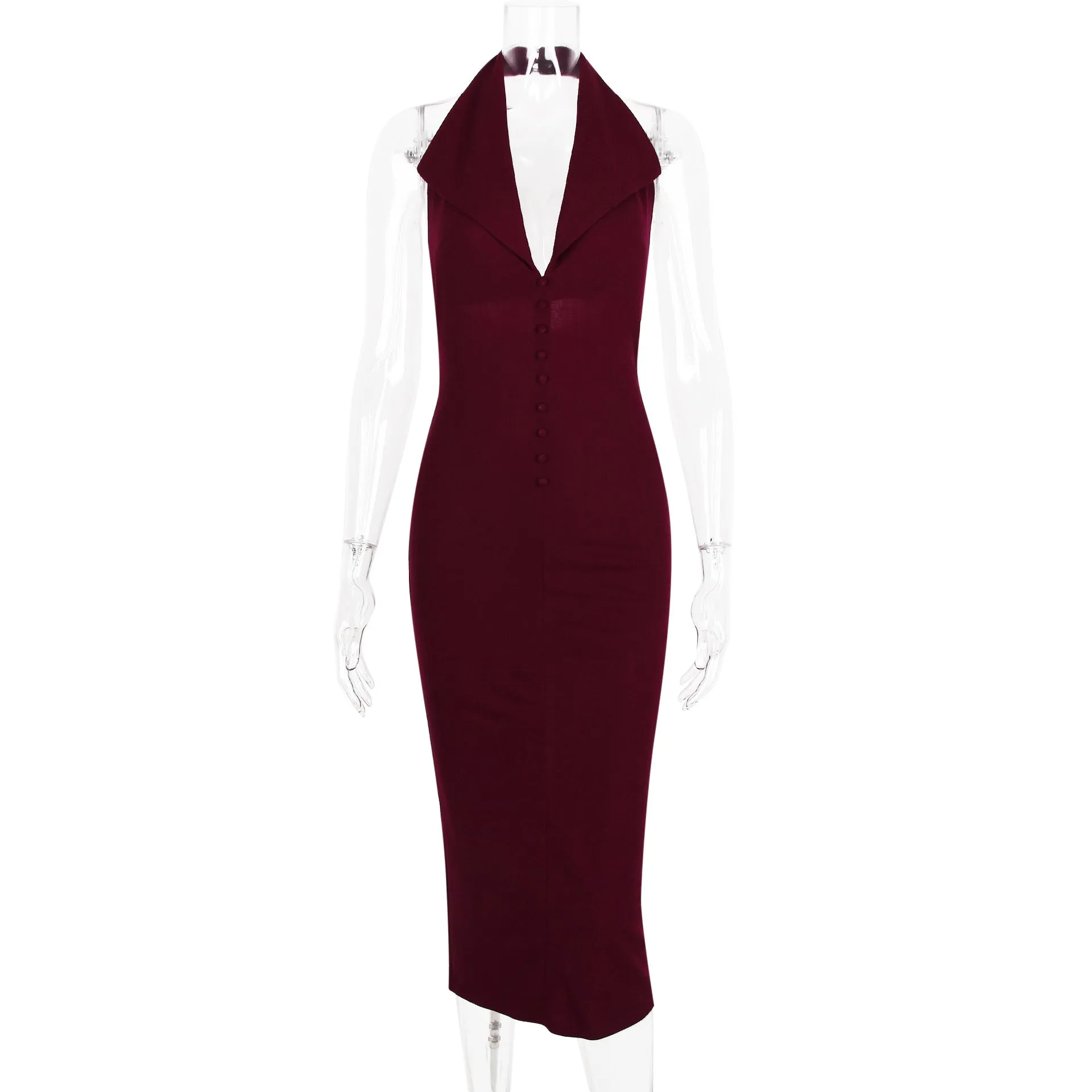 Buttoned Collared Halter Midi Dress