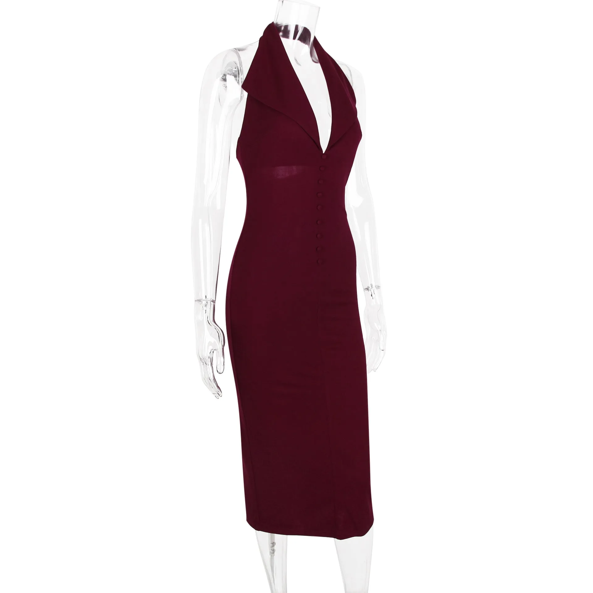 Buttoned Collared Halter Midi Dress