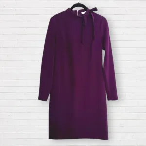 CALVIN KLEIN Bow Tie Neck Aubergine Purple Crepe Long Sleeve Sheath Fitted Dress