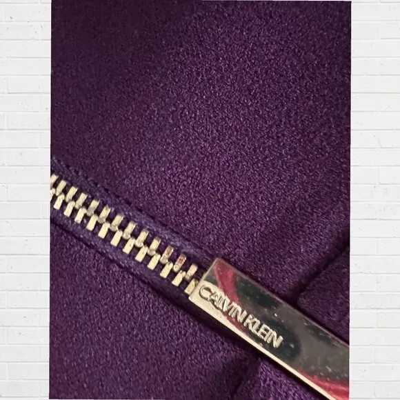 CALVIN KLEIN Bow Tie Neck Aubergine Purple Crepe Long Sleeve Sheath Fitted Dress