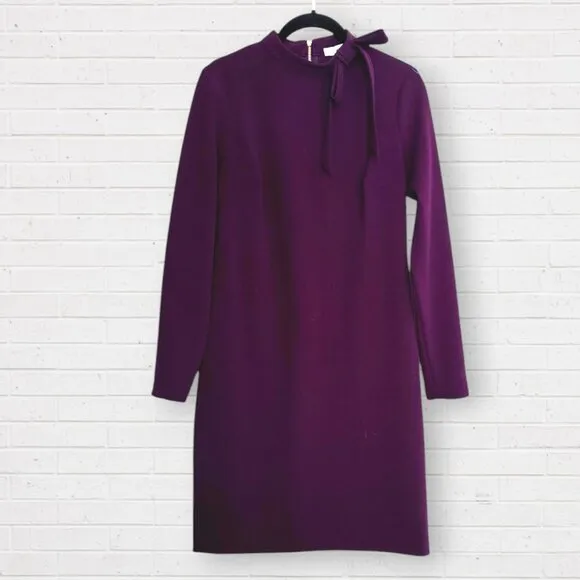 CALVIN KLEIN Bow Tie Neck Aubergine Purple Crepe Long Sleeve Sheath Fitted Dress