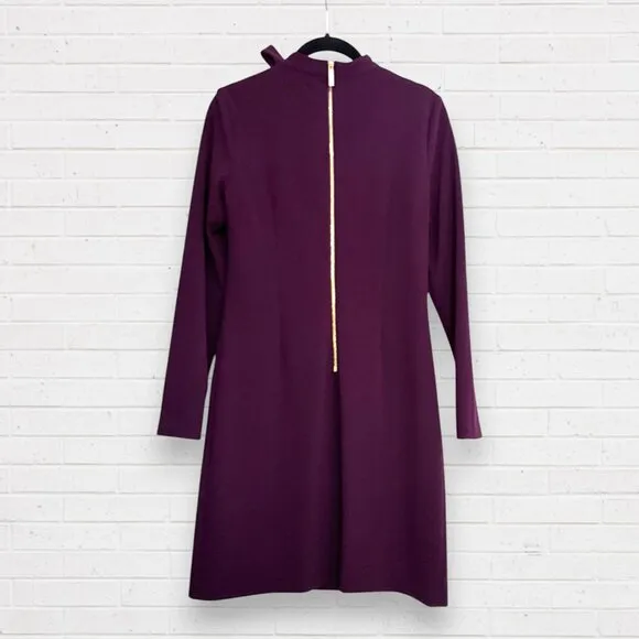 CALVIN KLEIN Bow Tie Neck Aubergine Purple Crepe Long Sleeve Sheath Fitted Dress