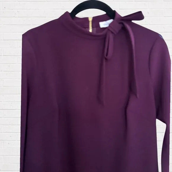 CALVIN KLEIN Bow Tie Neck Aubergine Purple Crepe Long Sleeve Sheath Fitted Dress