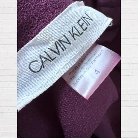 CALVIN KLEIN Bow Tie Neck Aubergine Purple Crepe Long Sleeve Sheath Fitted Dress