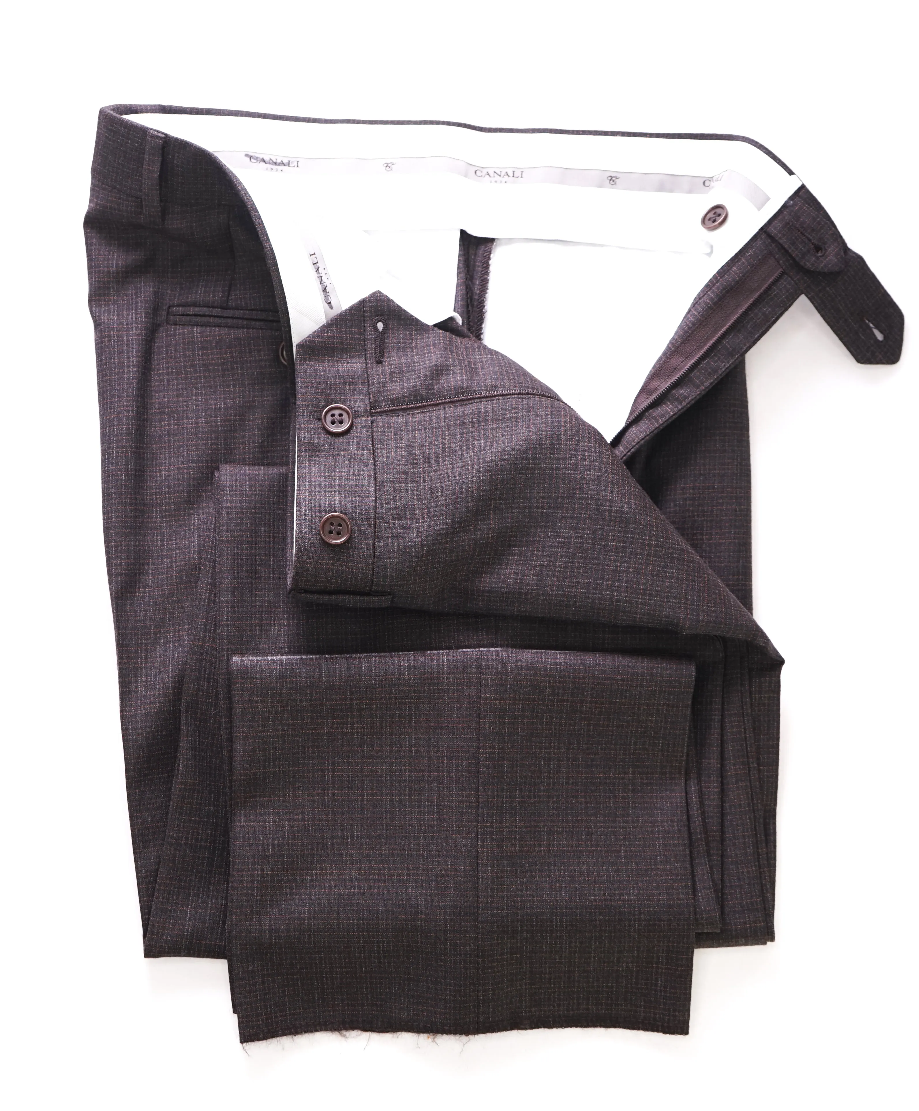 CANALI - Brown & Rust Micro Check Plaid Wool Flat Front Dress Pants - 31W