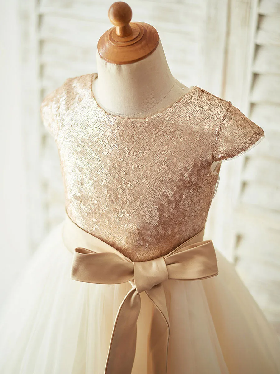 Champagne Jewel Neck Short Sleeves Sash Kids Party Dresses
