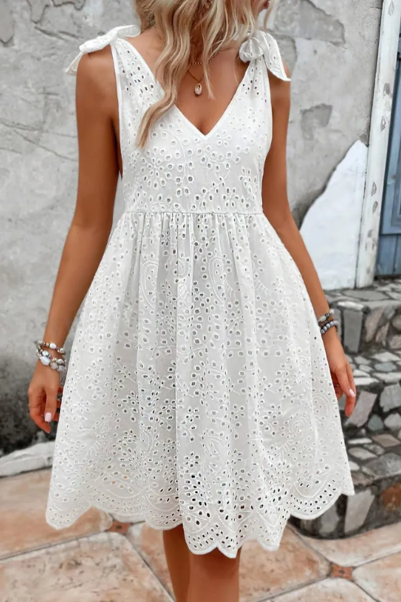 Chouyatou Women's Sexy Spaghetti Strap Eyelet Lace Babydoll Dress A Line Beach Party Short Sun Dress