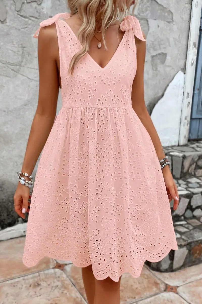 Chouyatou Women's Sexy Spaghetti Strap Eyelet Lace Babydoll Dress A Line Beach Party Short Sun Dress