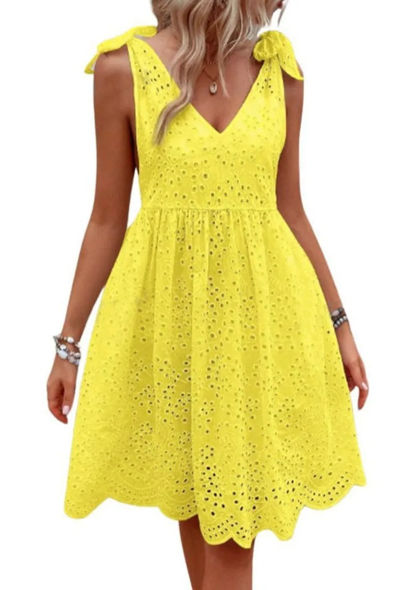 Chouyatou Women's Sexy Spaghetti Strap Eyelet Lace Babydoll Dress A Line Beach Party Short Sun Dress