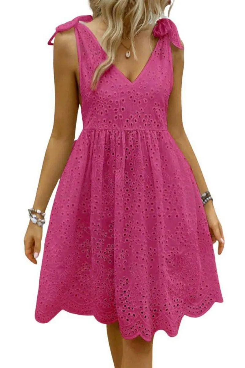 Chouyatou Women's Sexy Spaghetti Strap Eyelet Lace Babydoll Dress A Line Beach Party Short Sun Dress