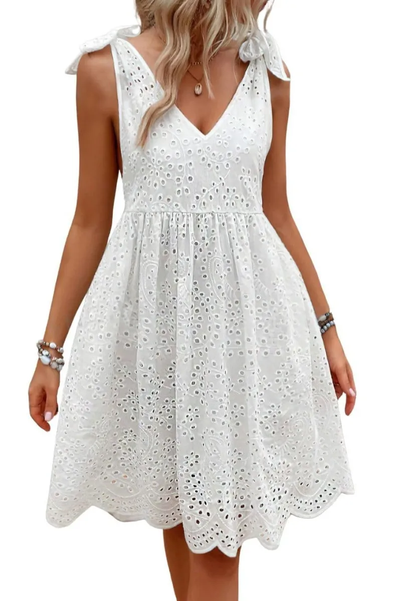 Chouyatou Women's Sexy Spaghetti Strap Eyelet Lace Babydoll Dress A Line Beach Party Short Sun Dress
