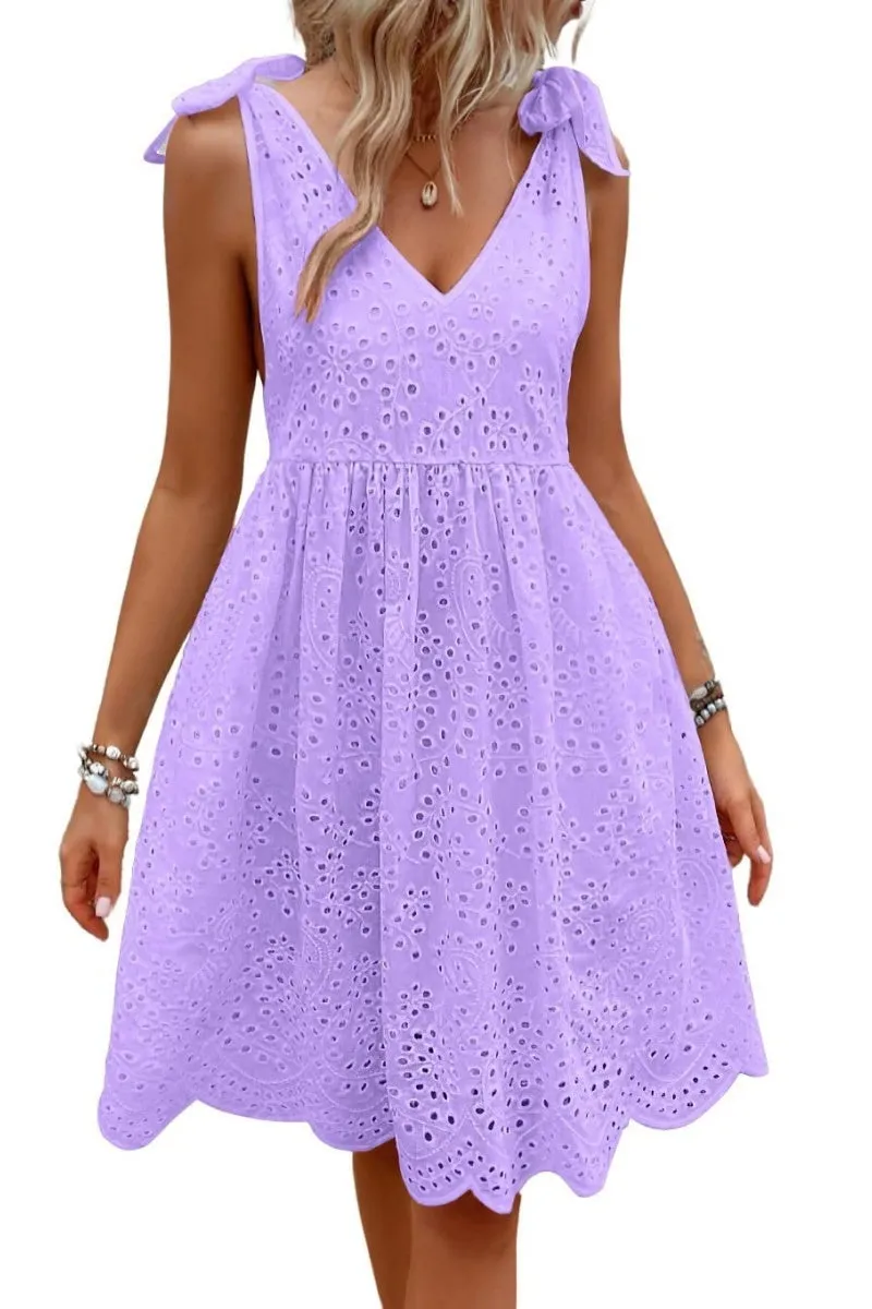 Chouyatou Women's Sexy Spaghetti Strap Eyelet Lace Babydoll Dress A Line Beach Party Short Sun Dress