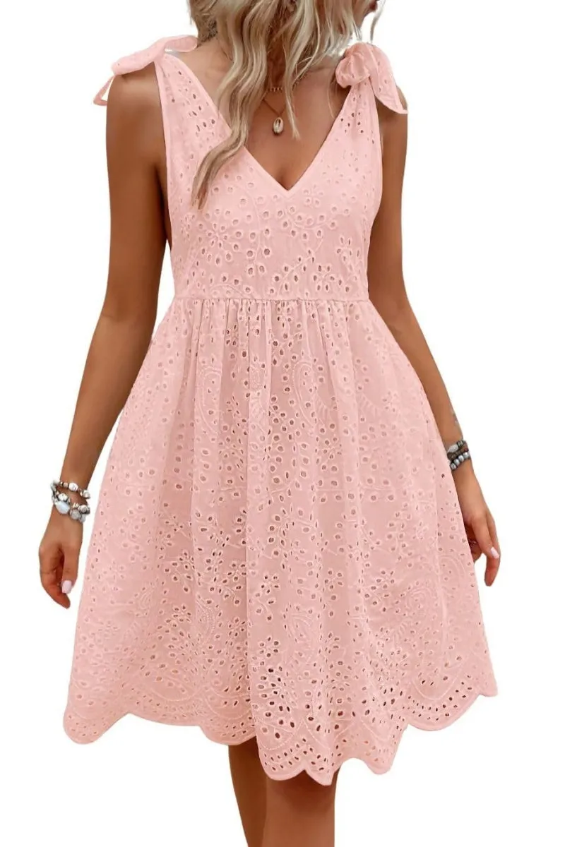 Chouyatou Women's Sexy Spaghetti Strap Eyelet Lace Babydoll Dress A Line Beach Party Short Sun Dress