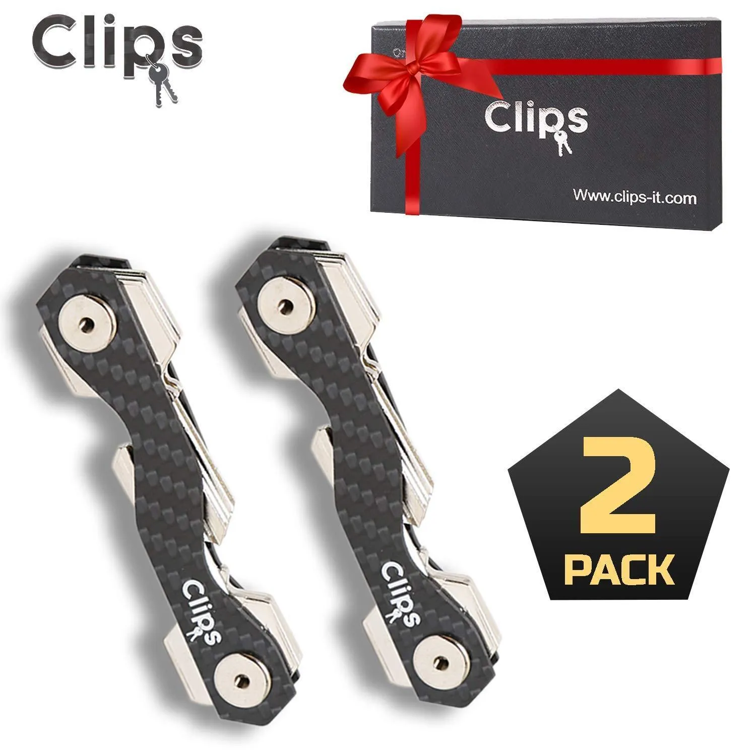 Clips (2 Pack) Smart Compact Key Organizer Keychain Made of Carbon Fiber & Stainless Steel- Pocket Organizer Up to 22 Keys Lightweight, Strong-Key Gadget Includes Sim, Bottle Opener, Carabiner & More