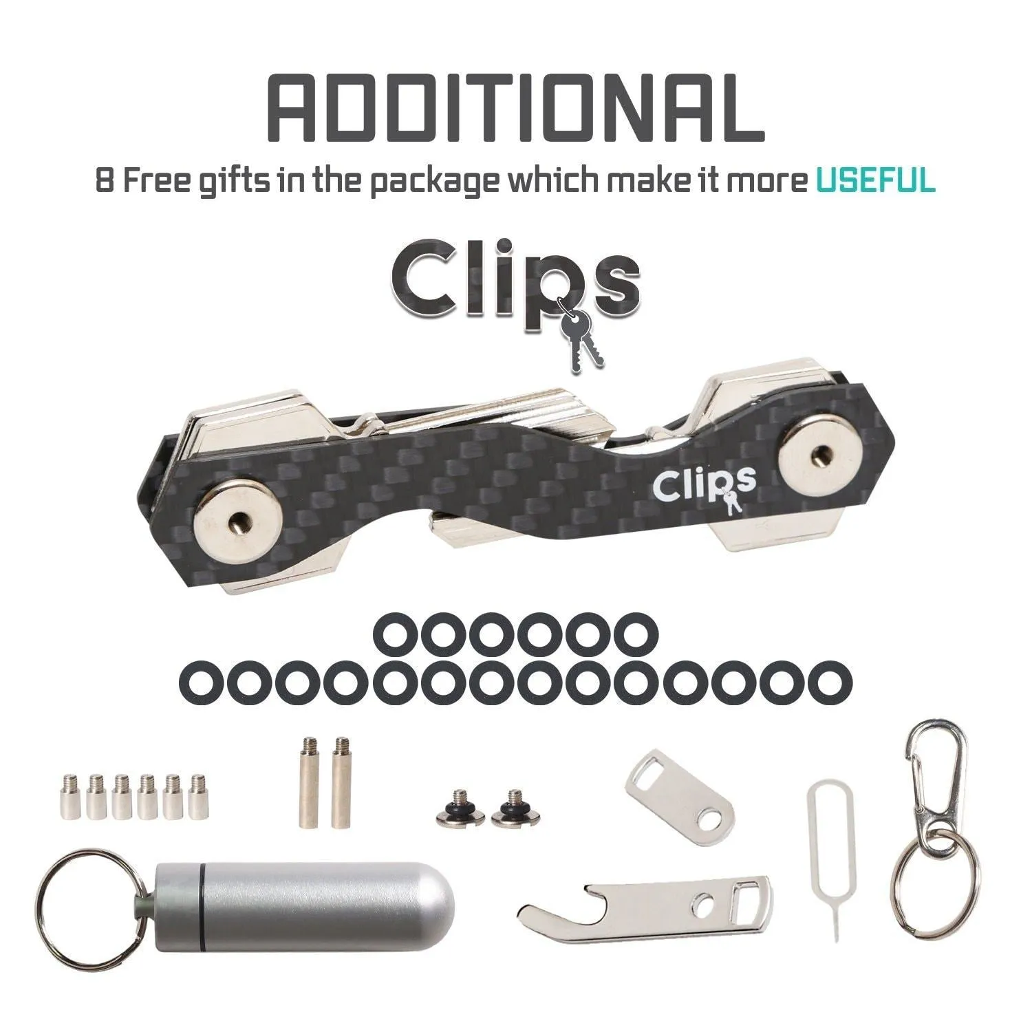 Clips (2 Pack) Smart Compact Key Organizer Keychain Made of Carbon Fiber & Stainless Steel- Pocket Organizer Up to 22 Keys Lightweight, Strong-Key Gadget Includes Sim, Bottle Opener, Carabiner & More