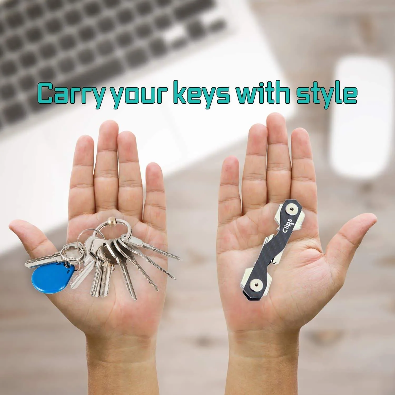 Clips (2 Pack) Smart Compact Key Organizer Keychain Made of Carbon Fiber & Stainless Steel- Pocket Organizer Up to 22 Keys Lightweight, Strong-Key Gadget Includes Sim, Bottle Opener, Carabiner & More