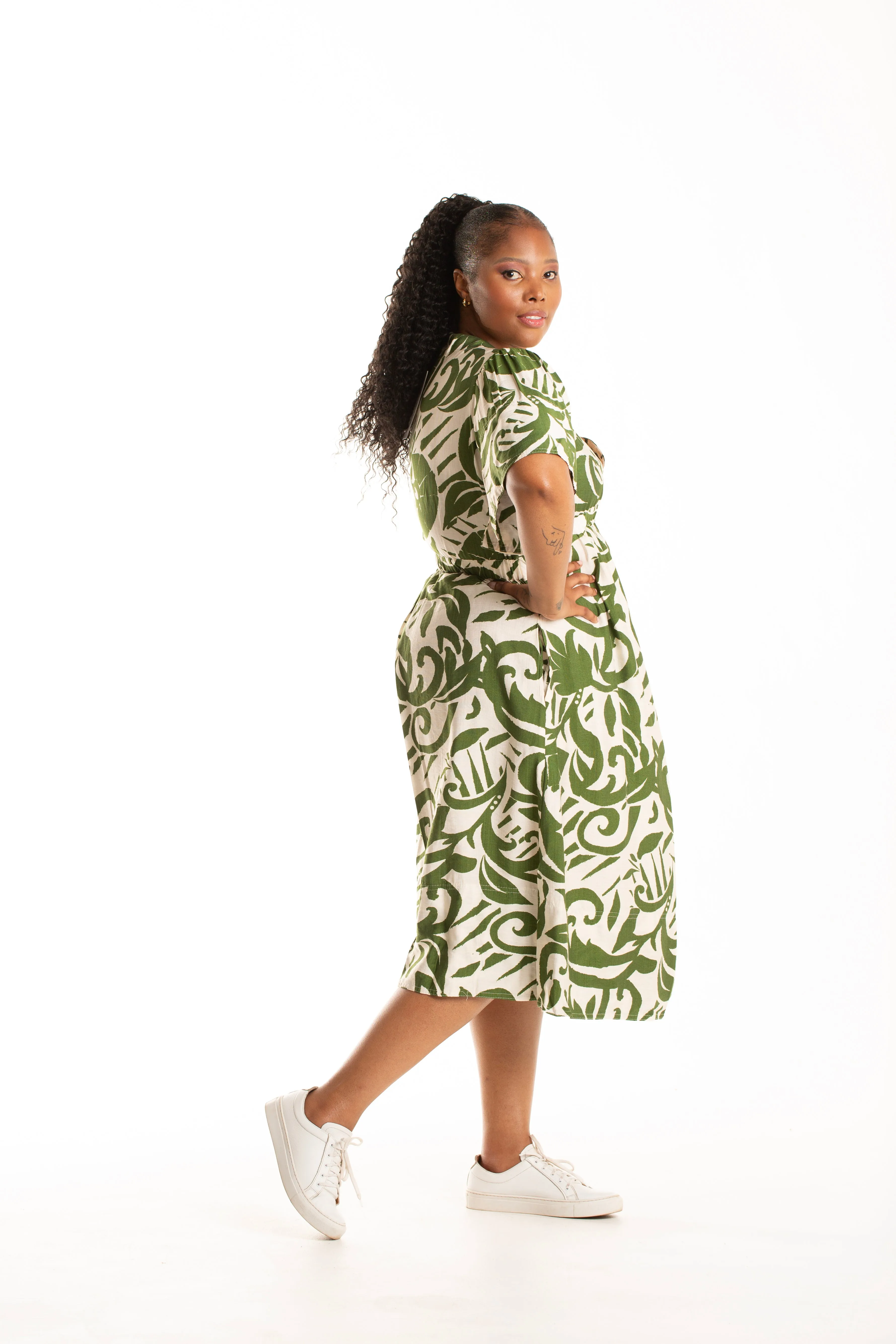 Colleen Eitzen Olive Print Rayon Crinkle Teri Dress