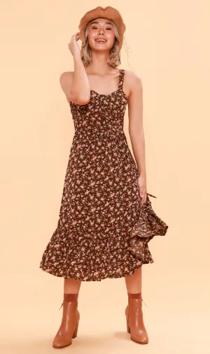 CRESSIDA Floral Lace-Up Midi Dress (Chocolate)