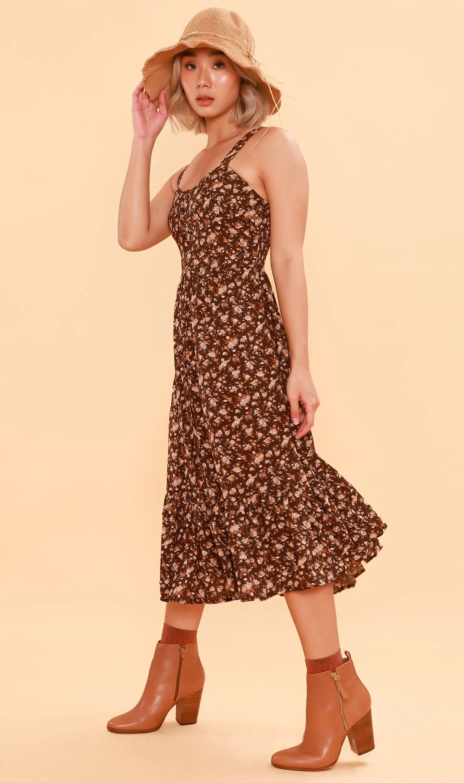 CRESSIDA Floral Lace-Up Midi Dress (Chocolate)