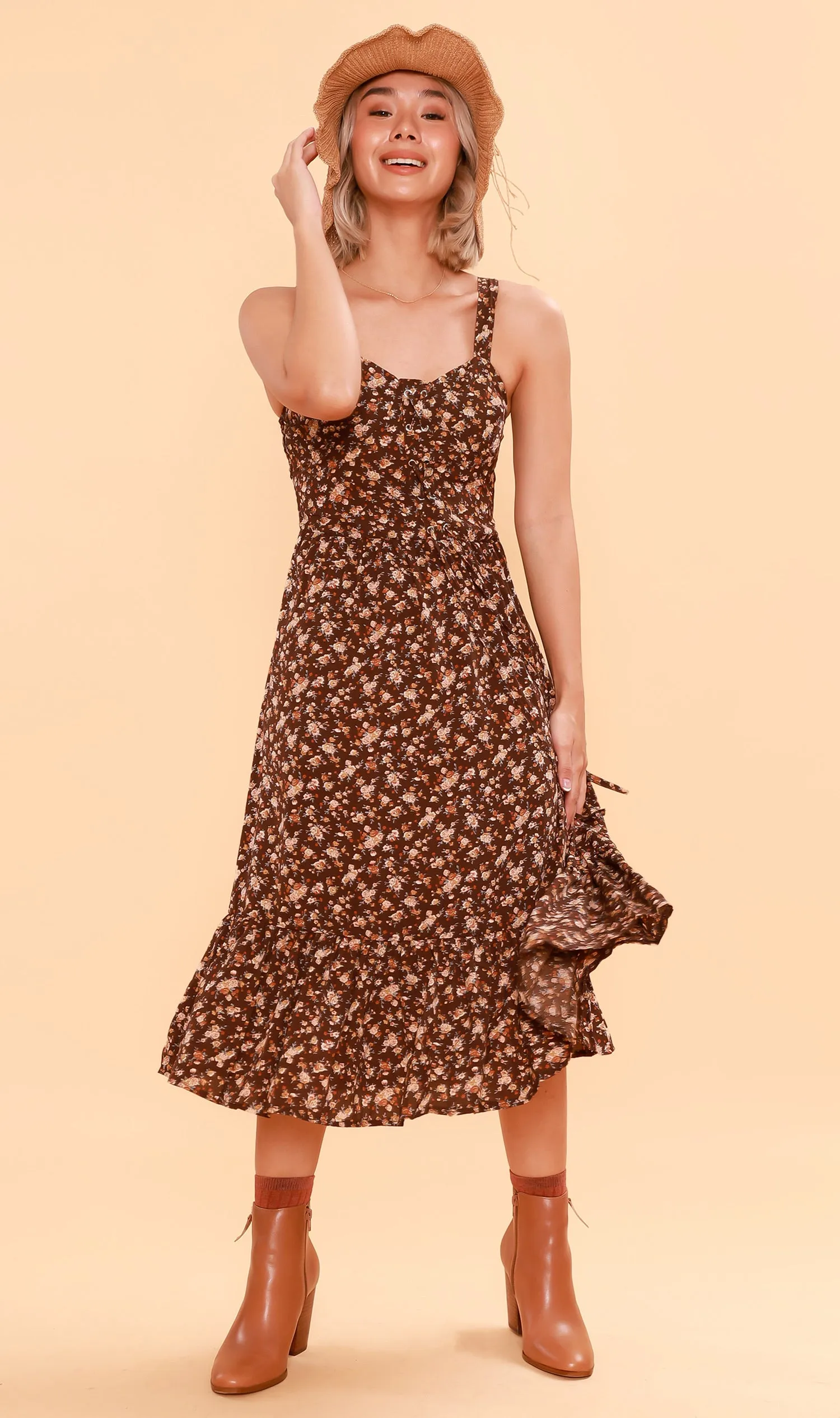 CRESSIDA Floral Lace-Up Midi Dress (Chocolate)