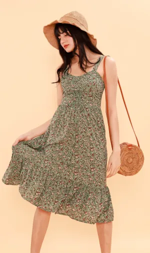 CRESSIDA Floral Lace-Up Midi Dress (Pistachio)