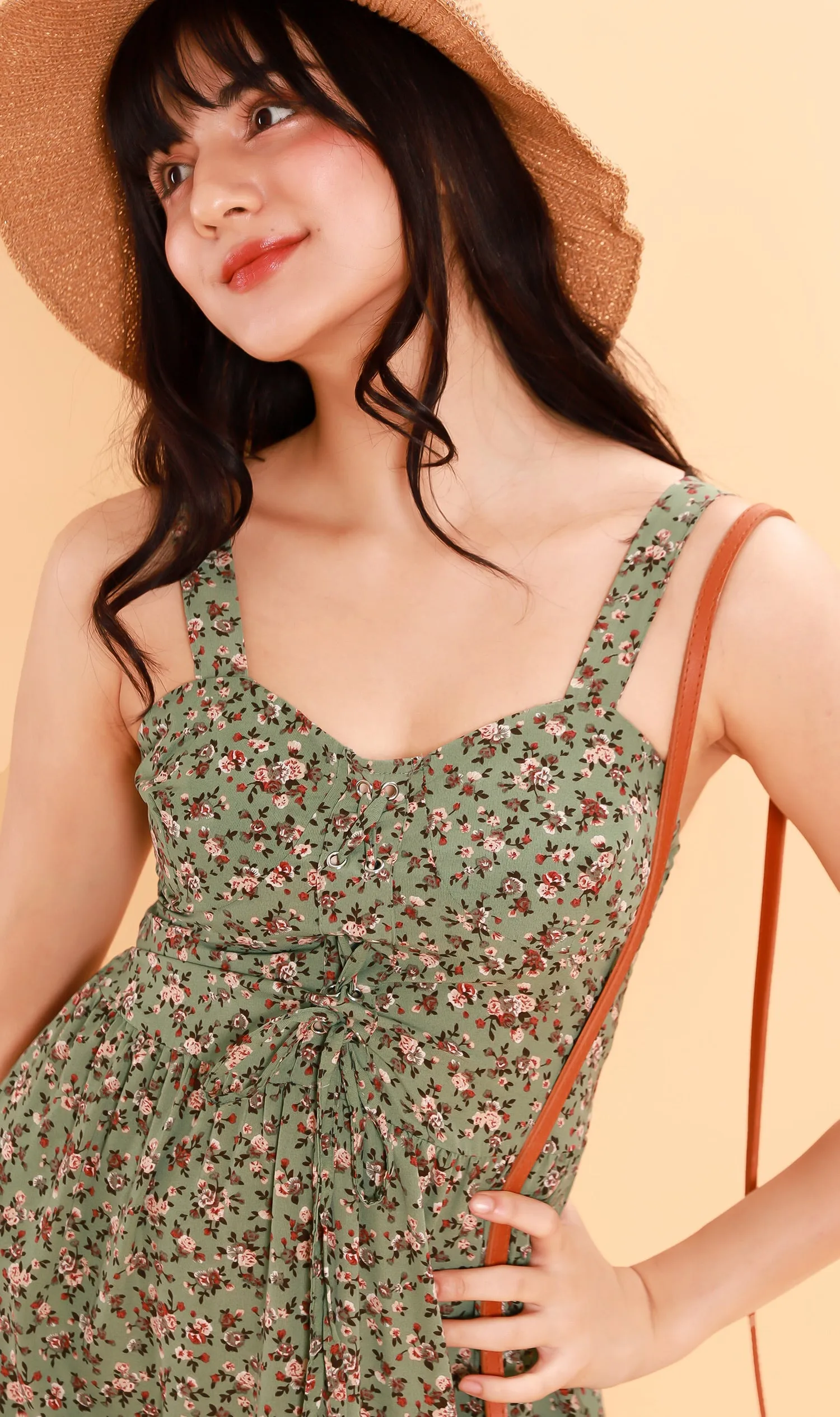 CRESSIDA Floral Lace-Up Midi Dress (Pistachio)