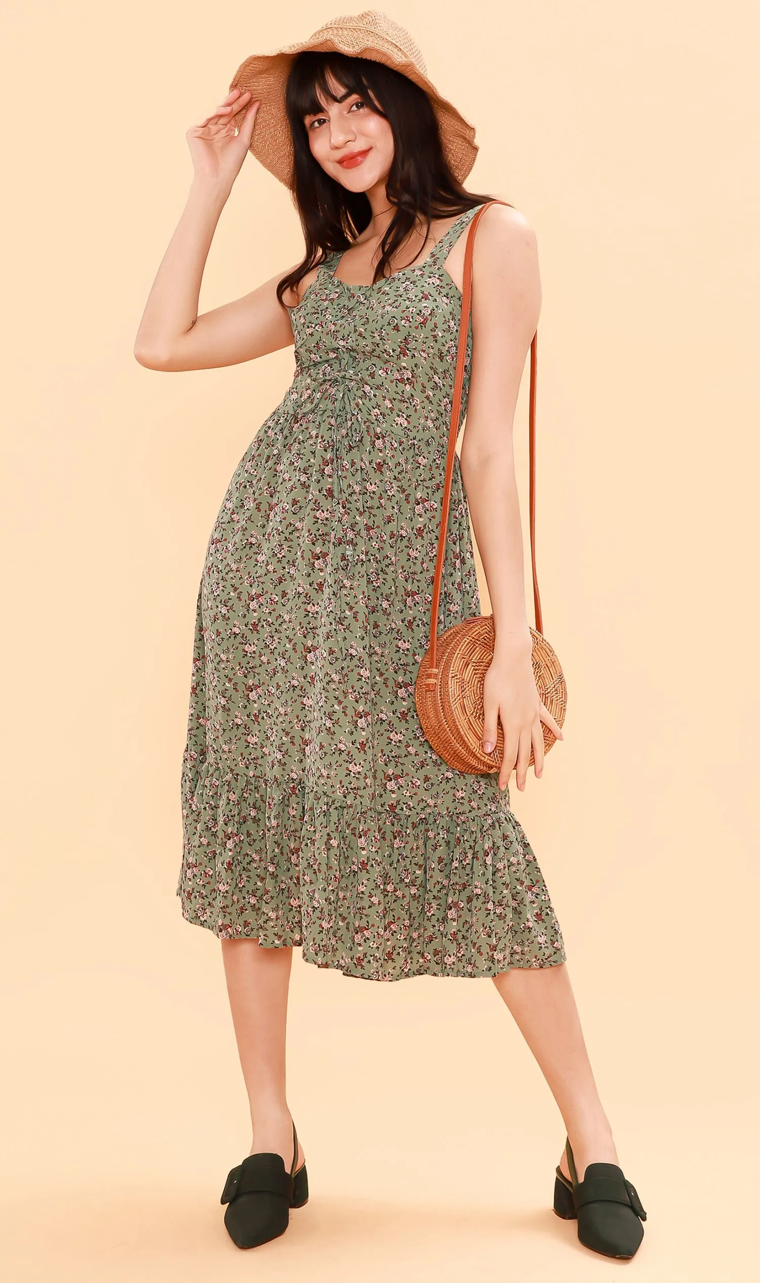 CRESSIDA Floral Lace-Up Midi Dress (Pistachio)