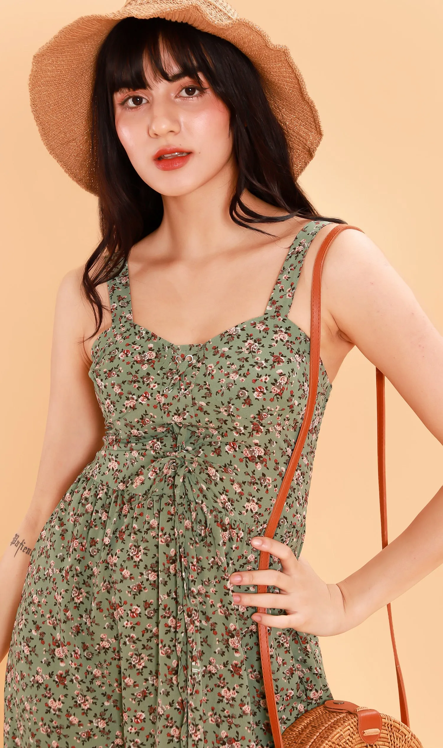 CRESSIDA Floral Lace-Up Midi Dress (Pistachio)