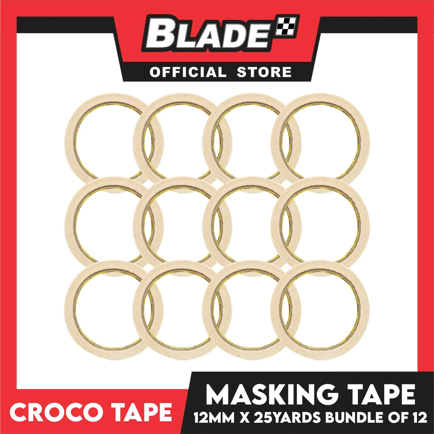 Croco Tape Masking Tape 12mm x 25yards (Beige) Bundle of 12- General Purpose for Home and Office use