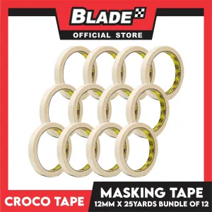 Croco Tape Masking Tape 12mm x 25yards (Beige) Bundle of 12- General Purpose for Home and Office use