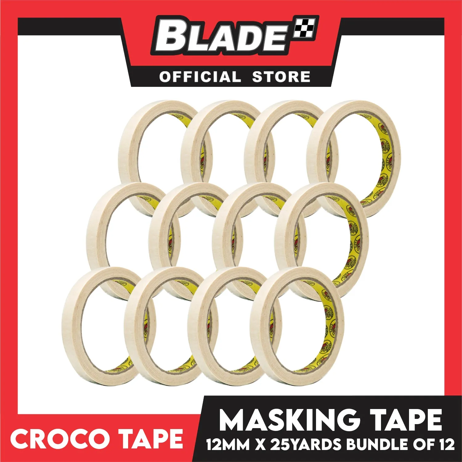 Croco Tape Masking Tape 12mm x 25yards (Beige) Bundle of 12- General Purpose for Home and Office use