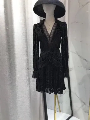 Deep V  black color full sleeve mini dress