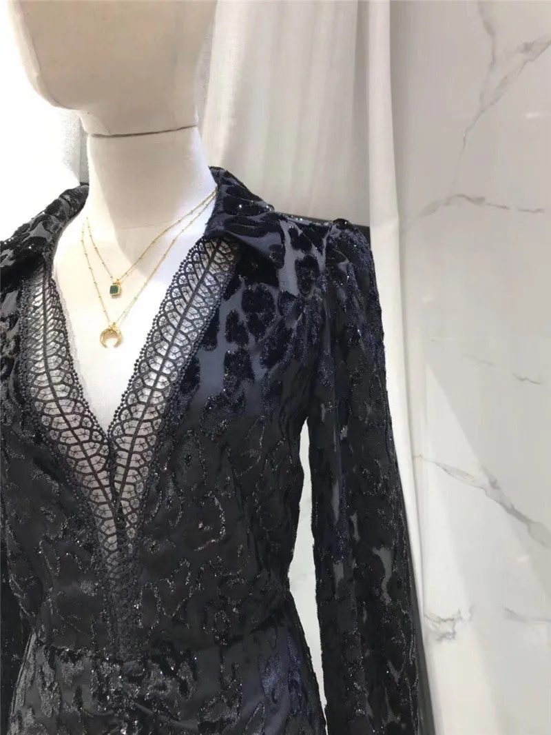 Deep V  black color full sleeve mini dress