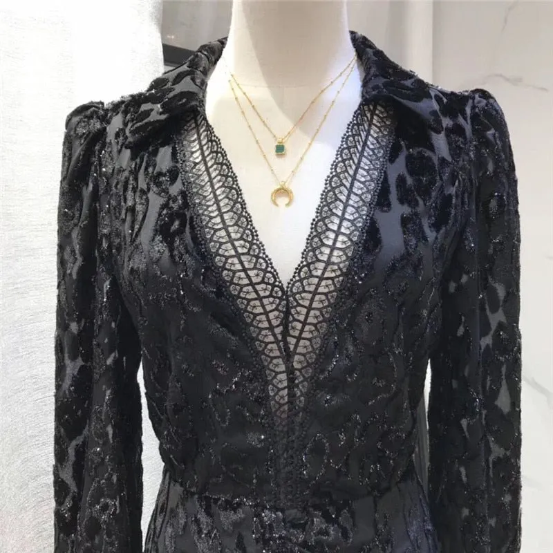 Deep V  black color full sleeve mini dress