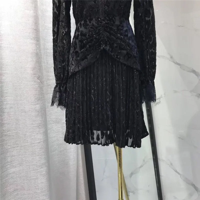 Deep V  black color full sleeve mini dress