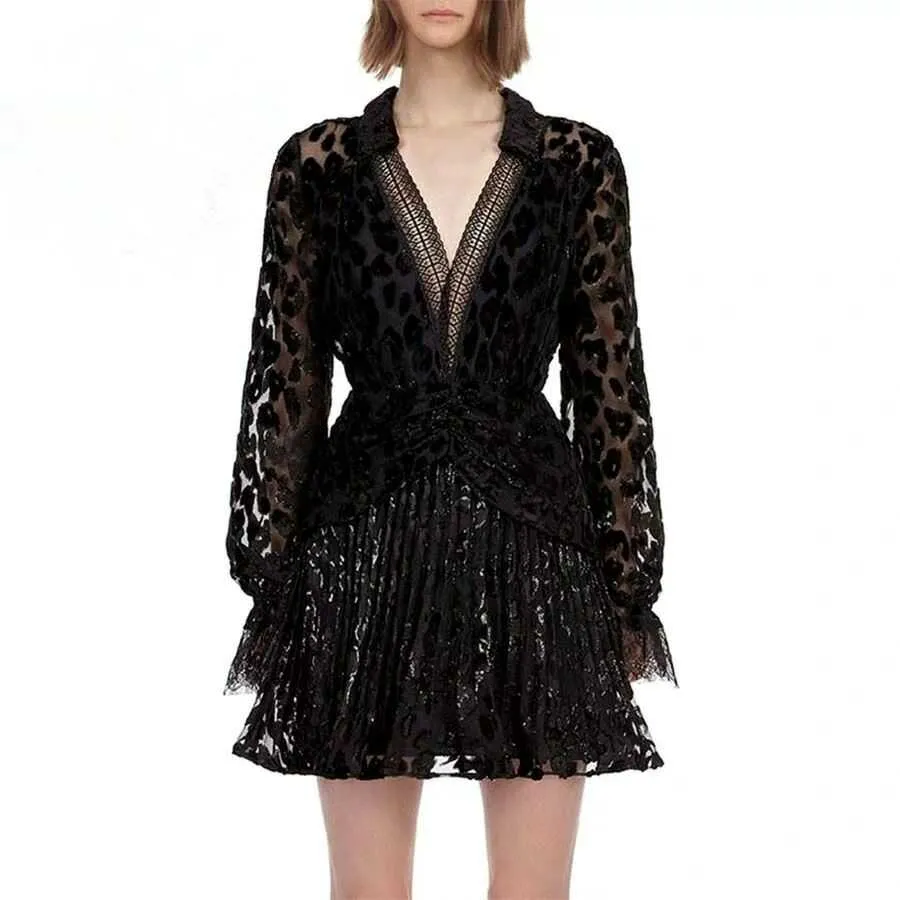 Deep V  black color full sleeve mini dress