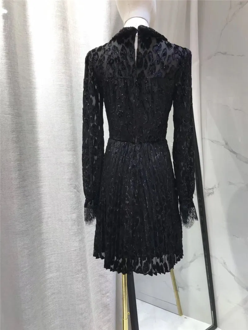 Deep V  black color full sleeve mini dress
