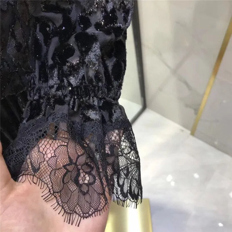 Deep V  black color full sleeve mini dress