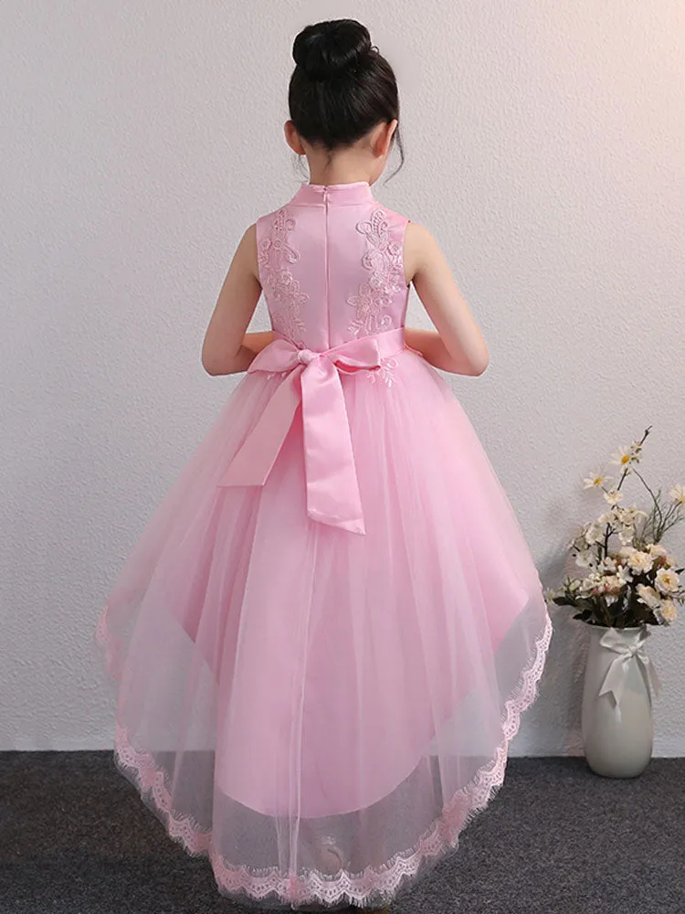 Designed Neckline Tulle Sleeveless Short High Low Princess Embroidered Kids Party Dresses
