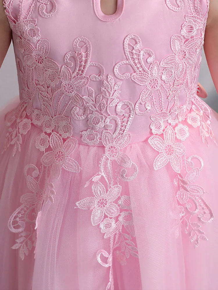 Designed Neckline Tulle Sleeveless Short High Low Princess Embroidered Kids Party Dresses