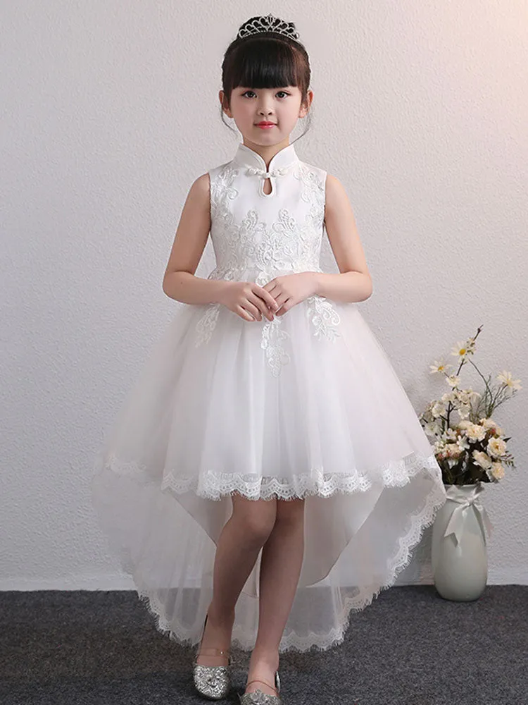 Designed Neckline Tulle Sleeveless Short High Low Princess Embroidered Kids Party Dresses